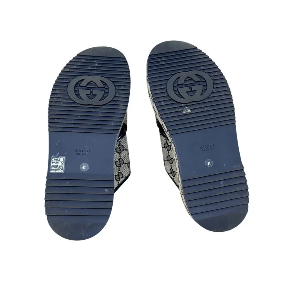 Gucci Beige Navy GG Canvas Slide Sandals EU 41 Women's Logo Flat Slides
